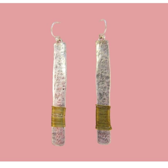 Hammered Aluminum with Copper Wire Wrap Stick Pierced Earrings - Picture 6 of 8